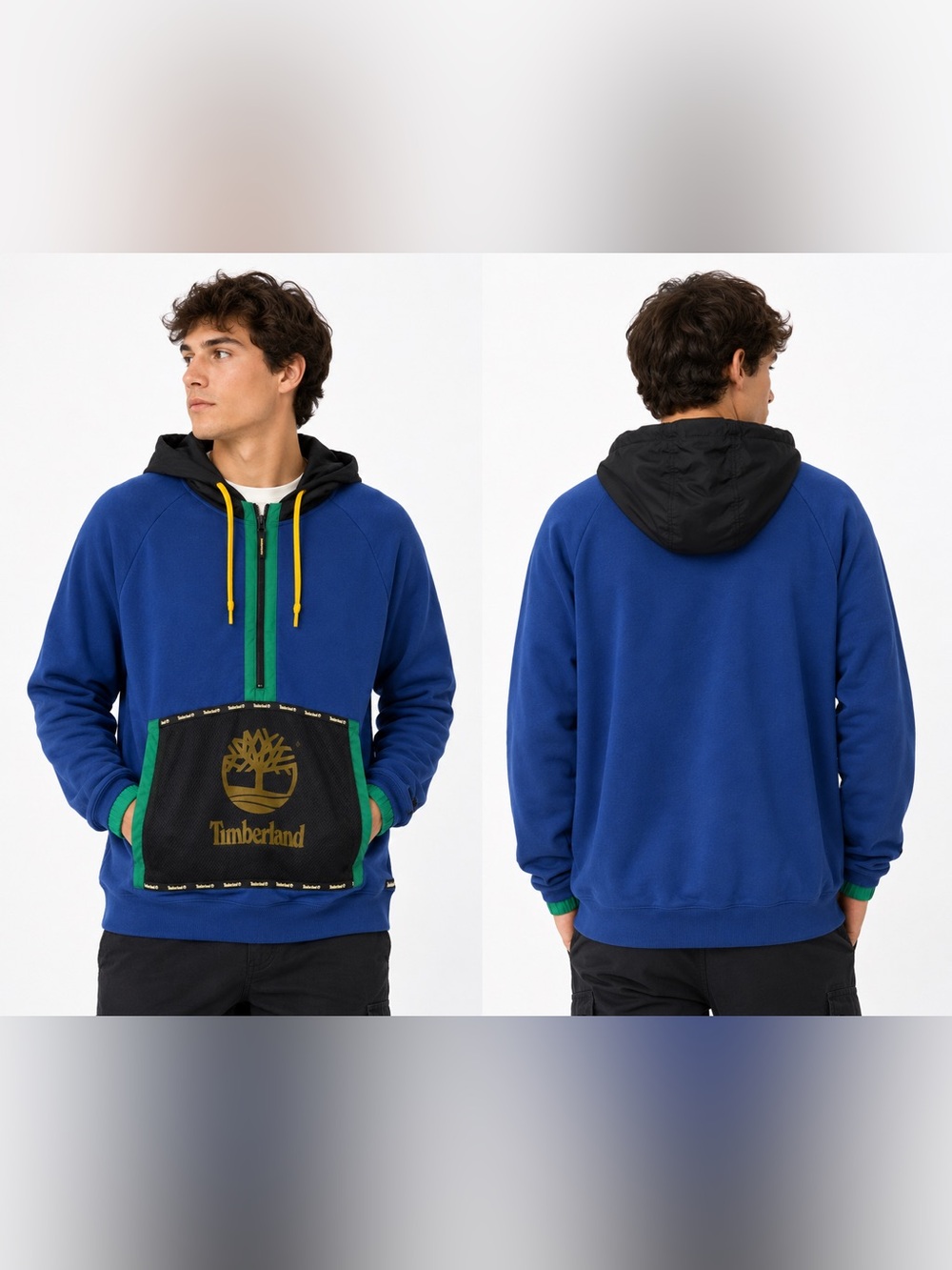 Timberland Blue Hoodie with Black Hood, Green Trim and Yellow Drawcords